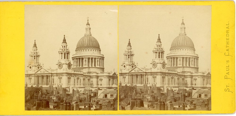 Stereoscopic view (two side by side images) of St Paul's Cathedral in sepia tones