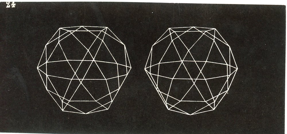 Stereoscopic view (two side by side images) of geometric chipes made up of white lines on a black background